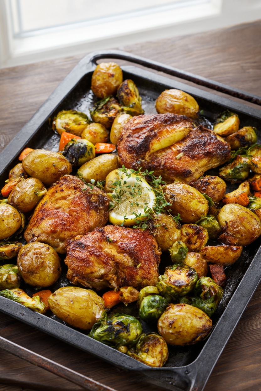 Roasted chicken thighs with baby potatoes, Brussels sprouts and carrots on a sheet pan