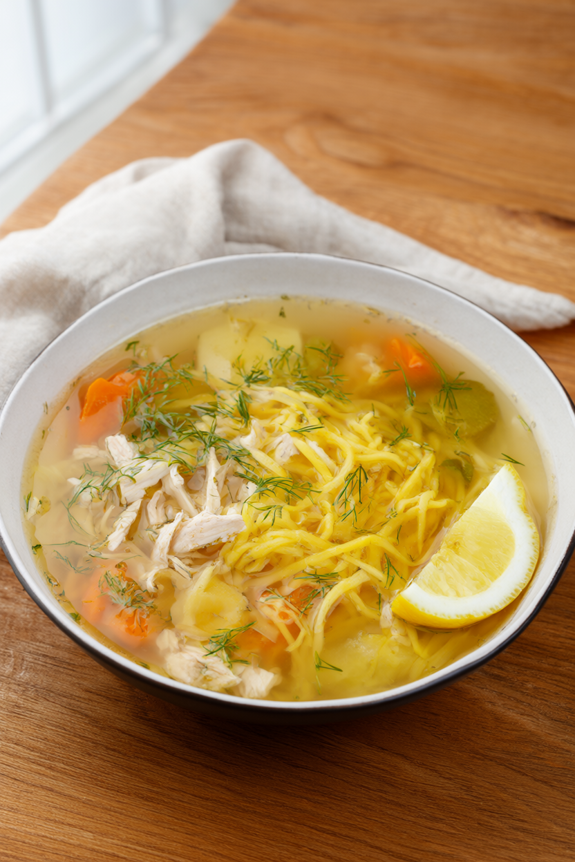 A bowl of 45-minute chicken noodle soup with shredded chicken, egg noodles, carrots and celery, garnished with fresh dill and a lemon wedge.