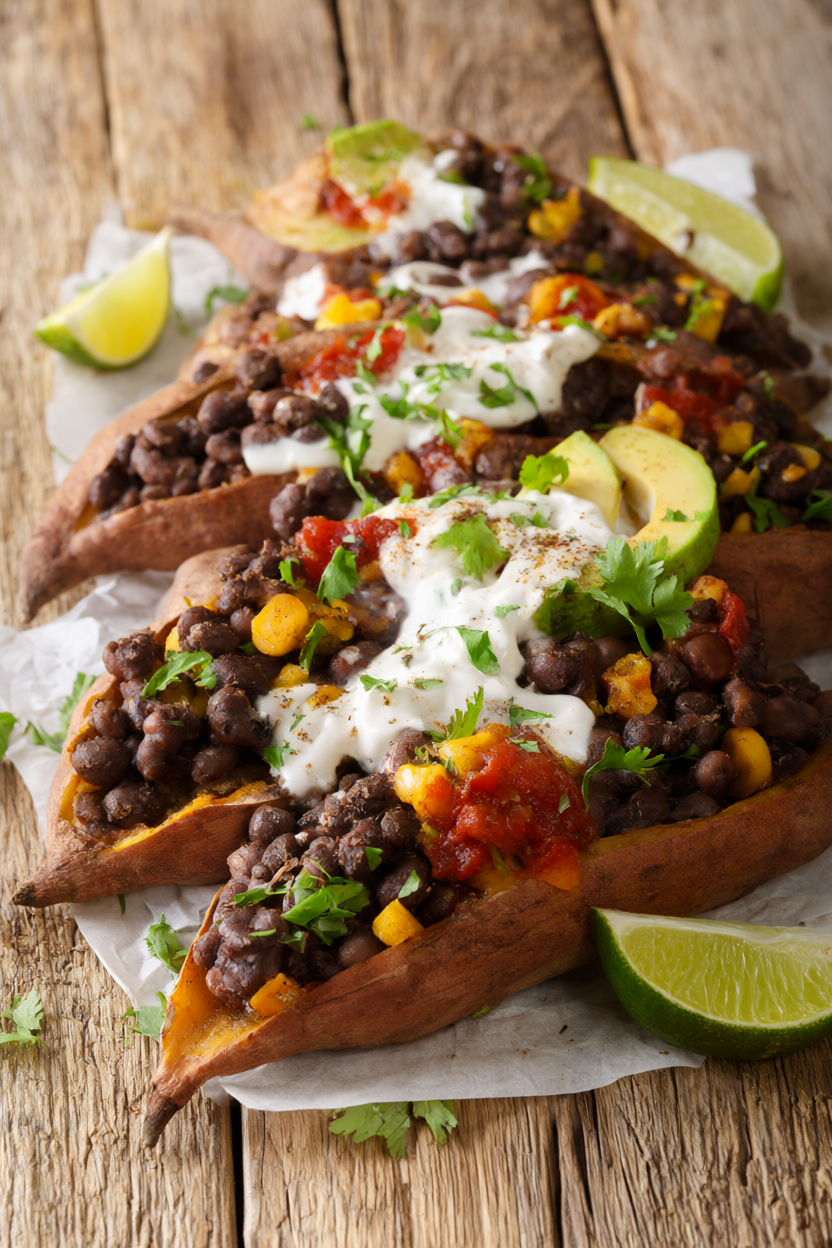 Baked sweet potatoes stuffed with black beans, corn and salsa, topped with avocado, Greek yogurt and cilantro