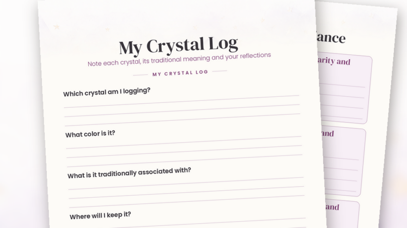 Preview of the My Crystal Log printable: lavender watercolor crystals and stars with writing lines, plus a Common Crystals at a Glance chart