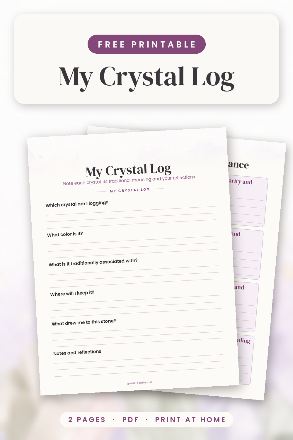 Preview of the My Crystal Log printable: lavender watercolor crystals and stars with writing lines, plus a Common Crystals at a Glance chart