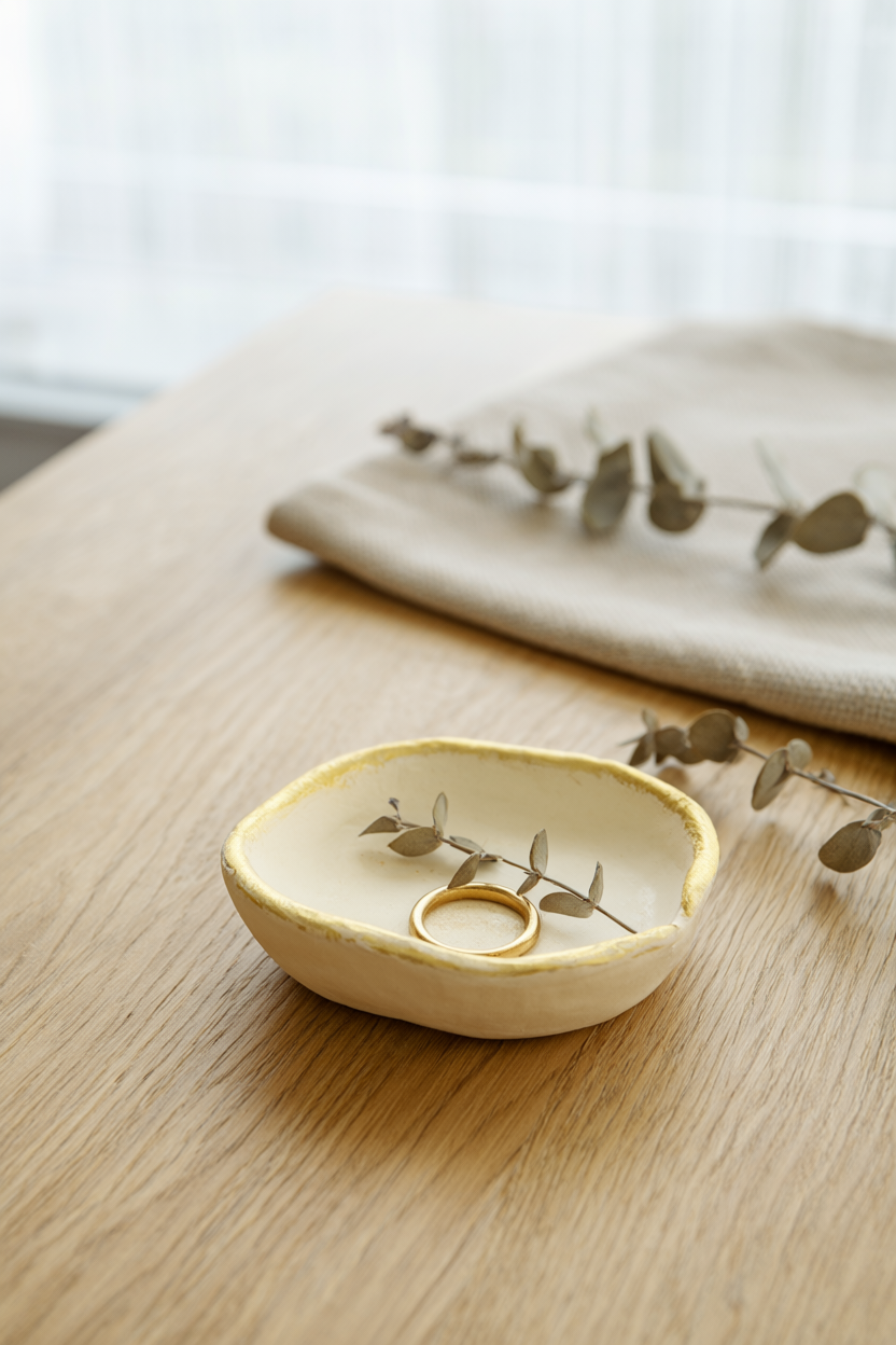 Finished handmade air-dry clay trinket dish with a gold rim holding a gold ring and a dried eucalyptus sprig on a light oak table