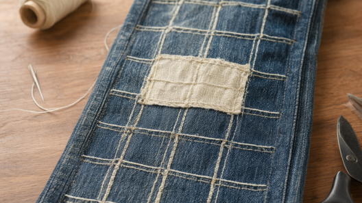 Top-down photo of a denim jean leg with a cream sashiko-style running-stitch grid mended over a tear, styled with a needle, spool of thread, tailor’s chalk, and scissors on a warm wooden table