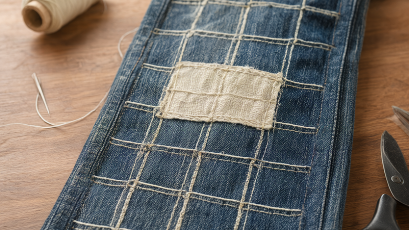 Top-down photo of a denim jean leg with a cream sashiko-style running-stitch grid mended over a tear, styled with a needle, spool of thread, tailor’s chalk, and scissors on a warm wooden table