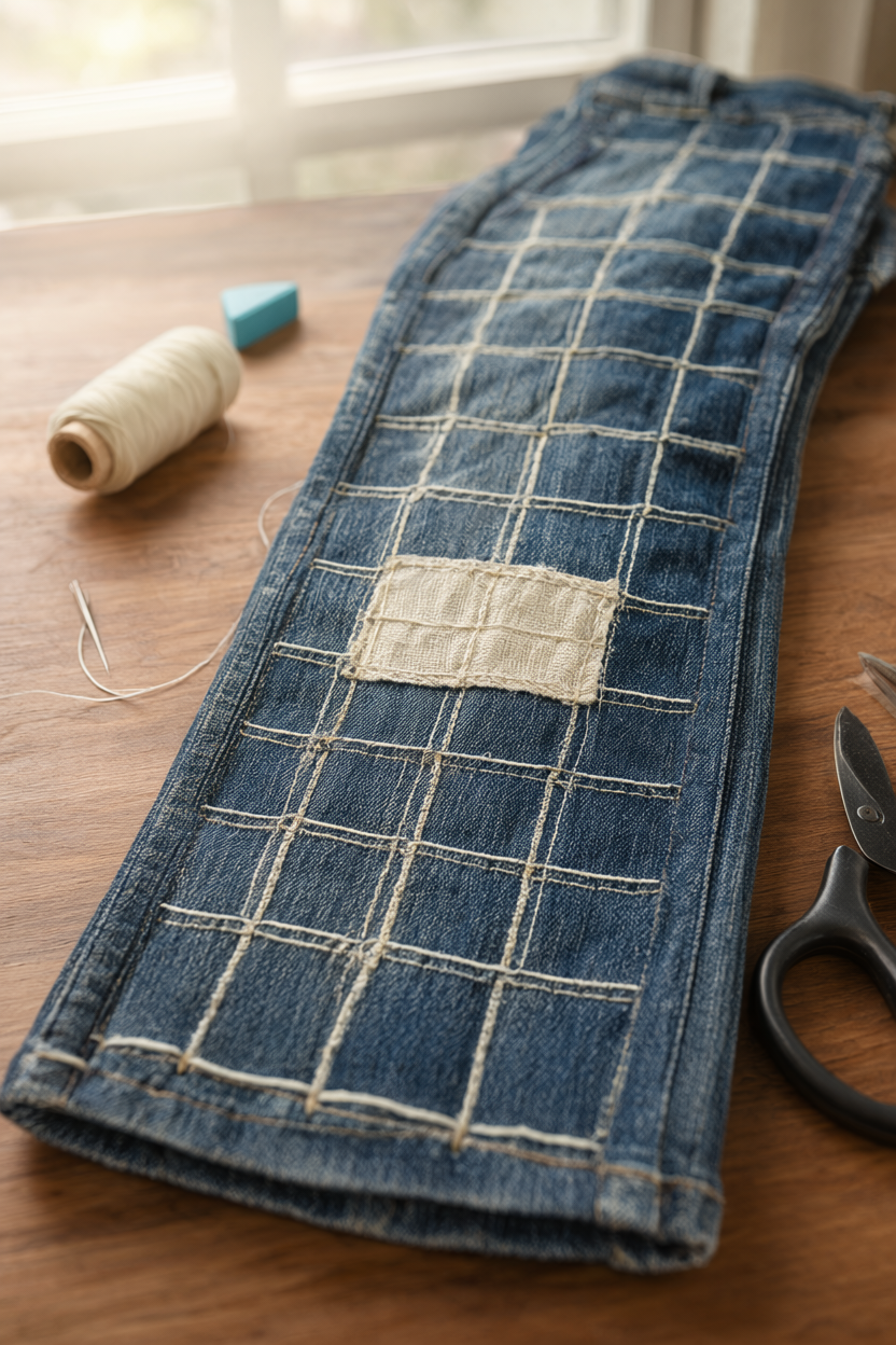 Top-down photo of a denim jean leg with a cream sashiko-style running-stitch grid mended over a tear, styled with a needle, spool of thread, tailor’s chalk, and scissors on a warm wooden table