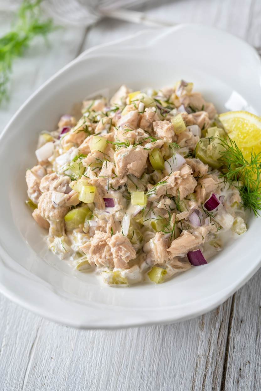 No-mayo tuna salad with Greek yogurt, celery and pickles in a white bowl on a light wood table
