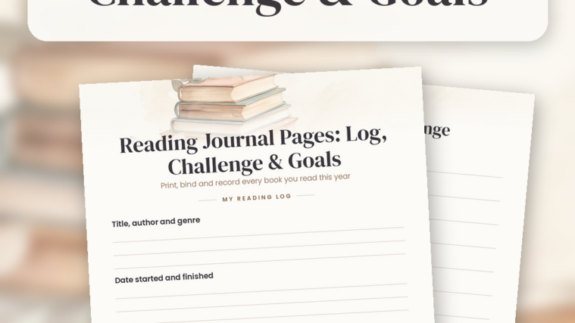 Mockup of the free printable reading journal kit showing three pages for book lovers: a reading log with star ratings and prompts, a 12-book challenge checklist, and reading goals notes.