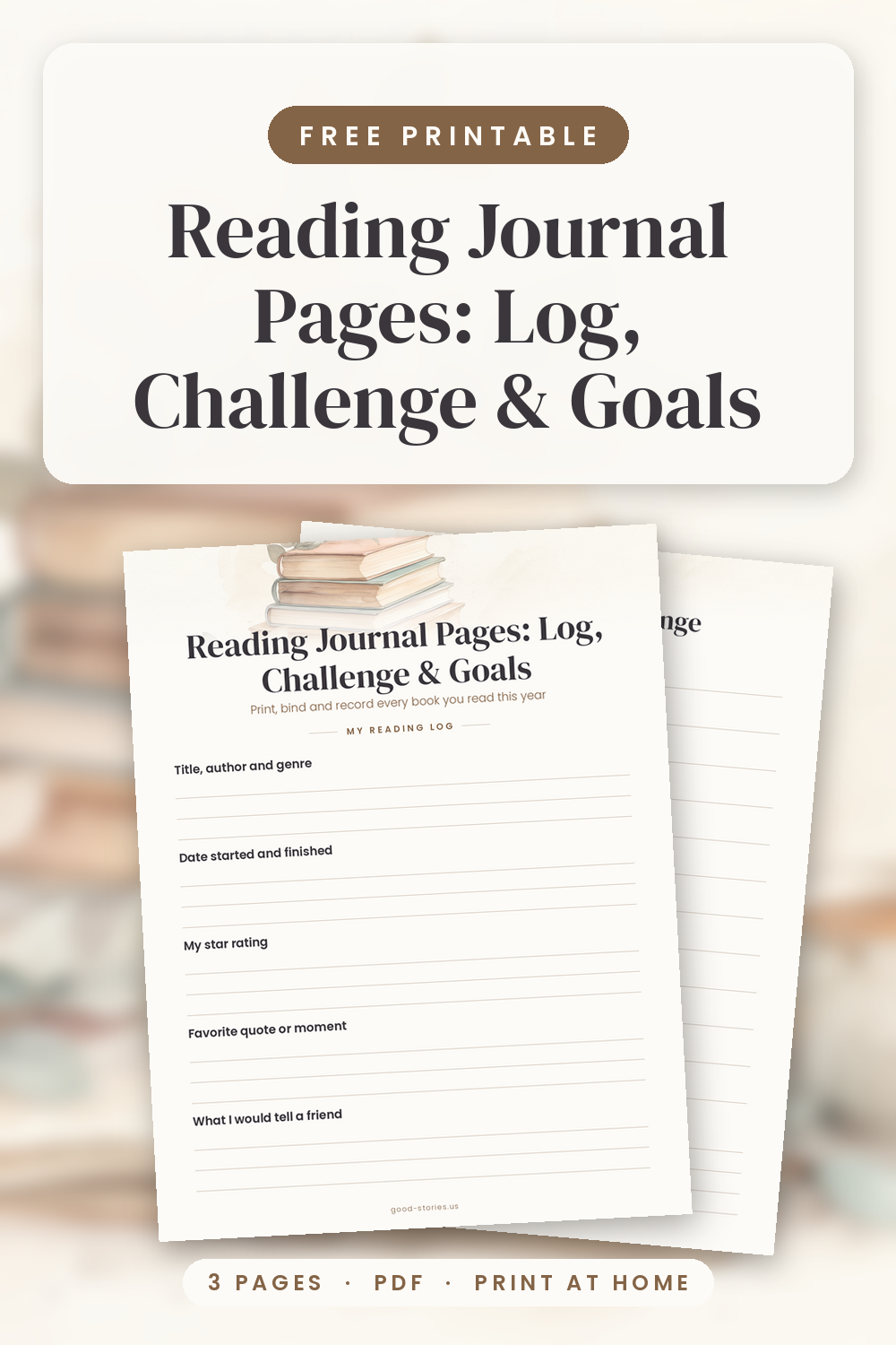 Mockup of the free printable reading journal kit showing three pages for book lovers: a reading log with star ratings and prompts, a 12-book challenge checklist, and reading goals notes.