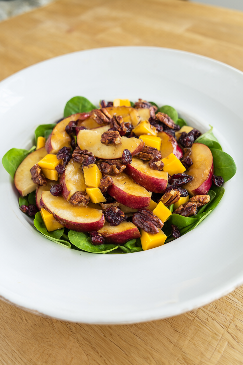 Apple pecan salad with sliced apples, cheddar, toasted pecans and dried cranberries over baby spinach on a white platter