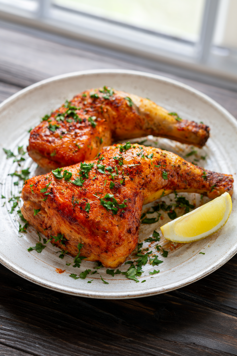 Smoked paprika roasted chicken thighs with crispy golden skin, fresh oregano, parsley and a lemon wedge