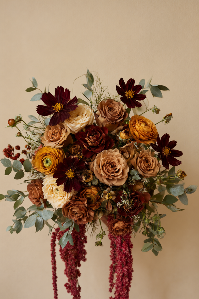 Close-up of a bridal bouquet of chocolate cosmos, toffee roses and caramel ranunculus against a warm neutral wall.
