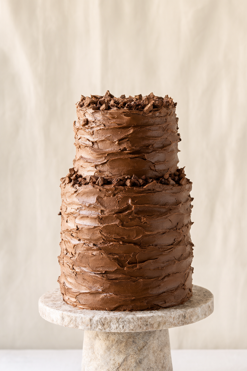 A tall chocolate cake with mocha buttercream swirls and cocoa nibs on a stone plinth against a cream backdrop.