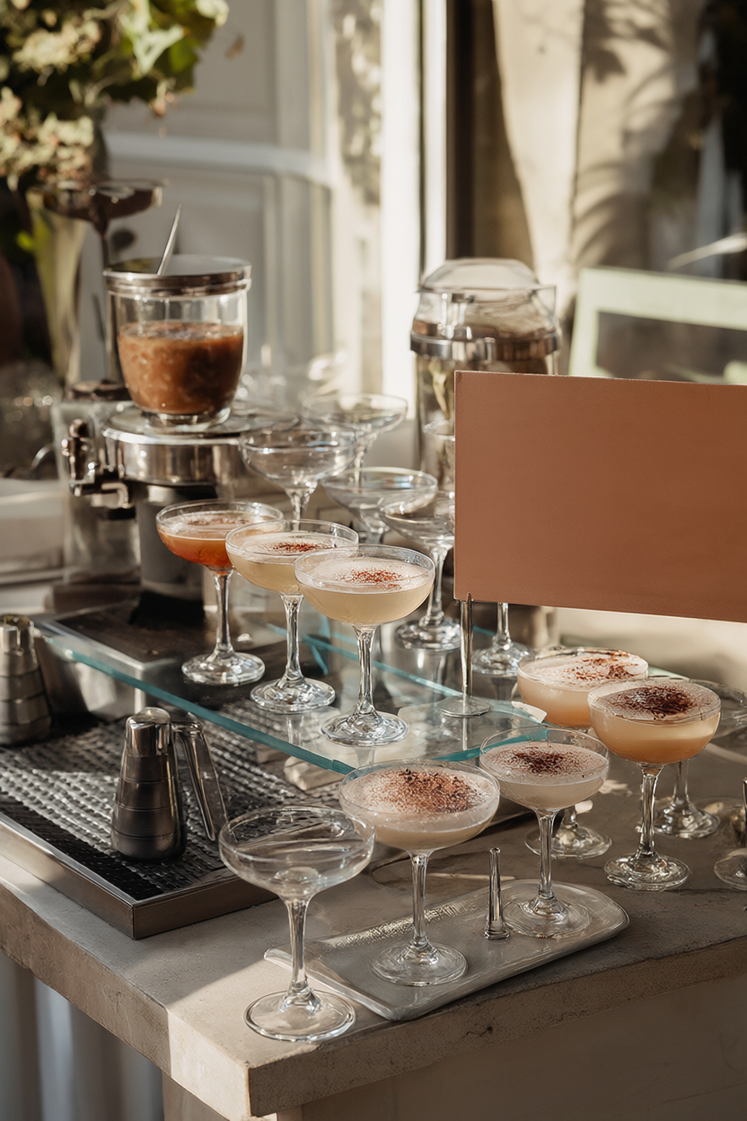 A modern drink station with espresso martinis, a mocha latte setup and warm brown signage.