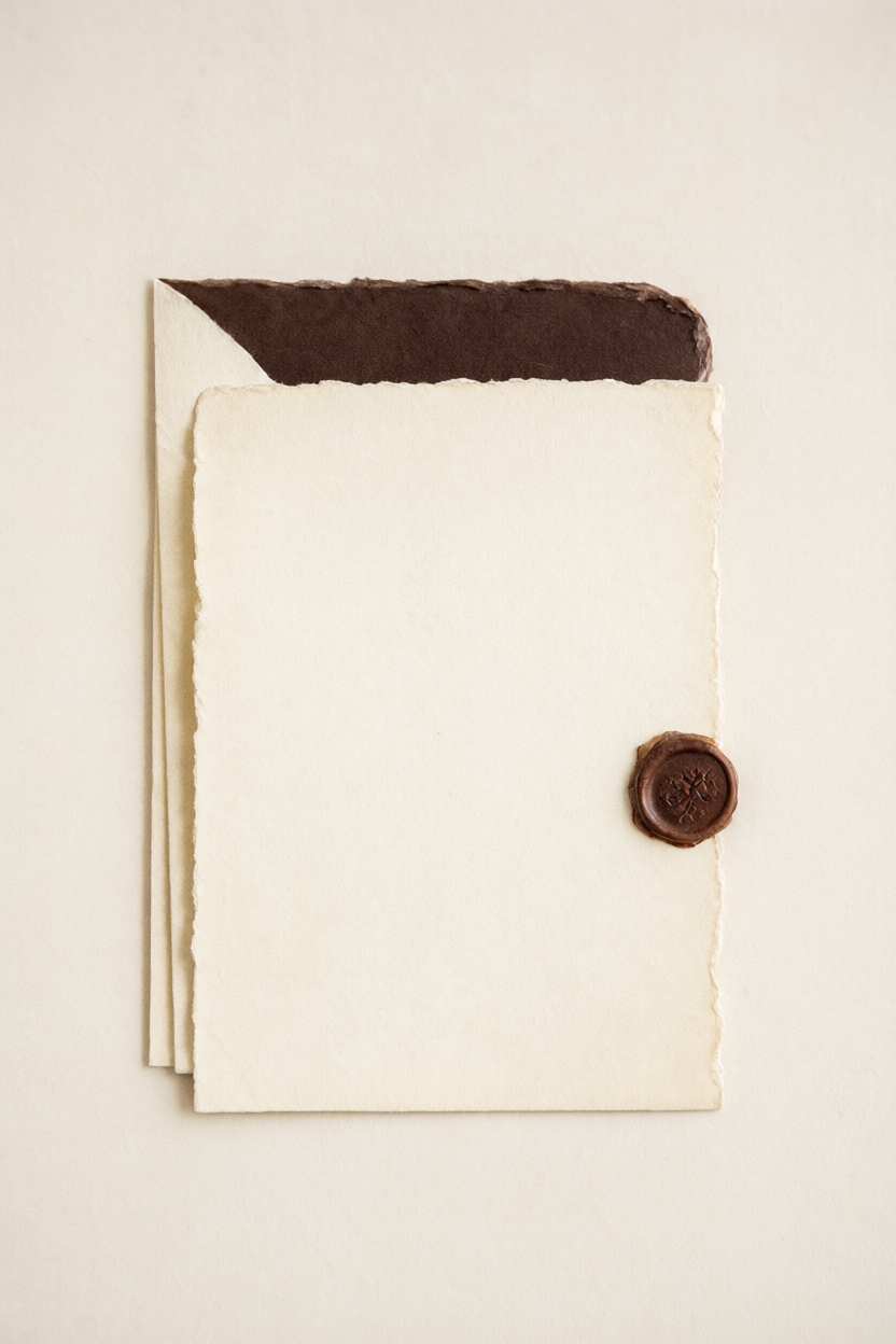 Flat-lay of a chocolate-ink invitation suite on cream paper with a cocoa envelope liner and brown wax seal.