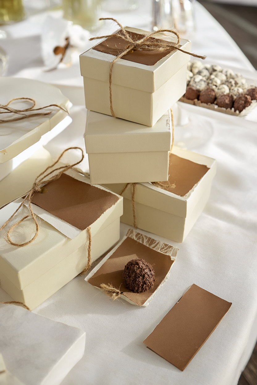 A favor table with stacked cream boxes, chocolate truffles, brown labels and a brown thank-you card.