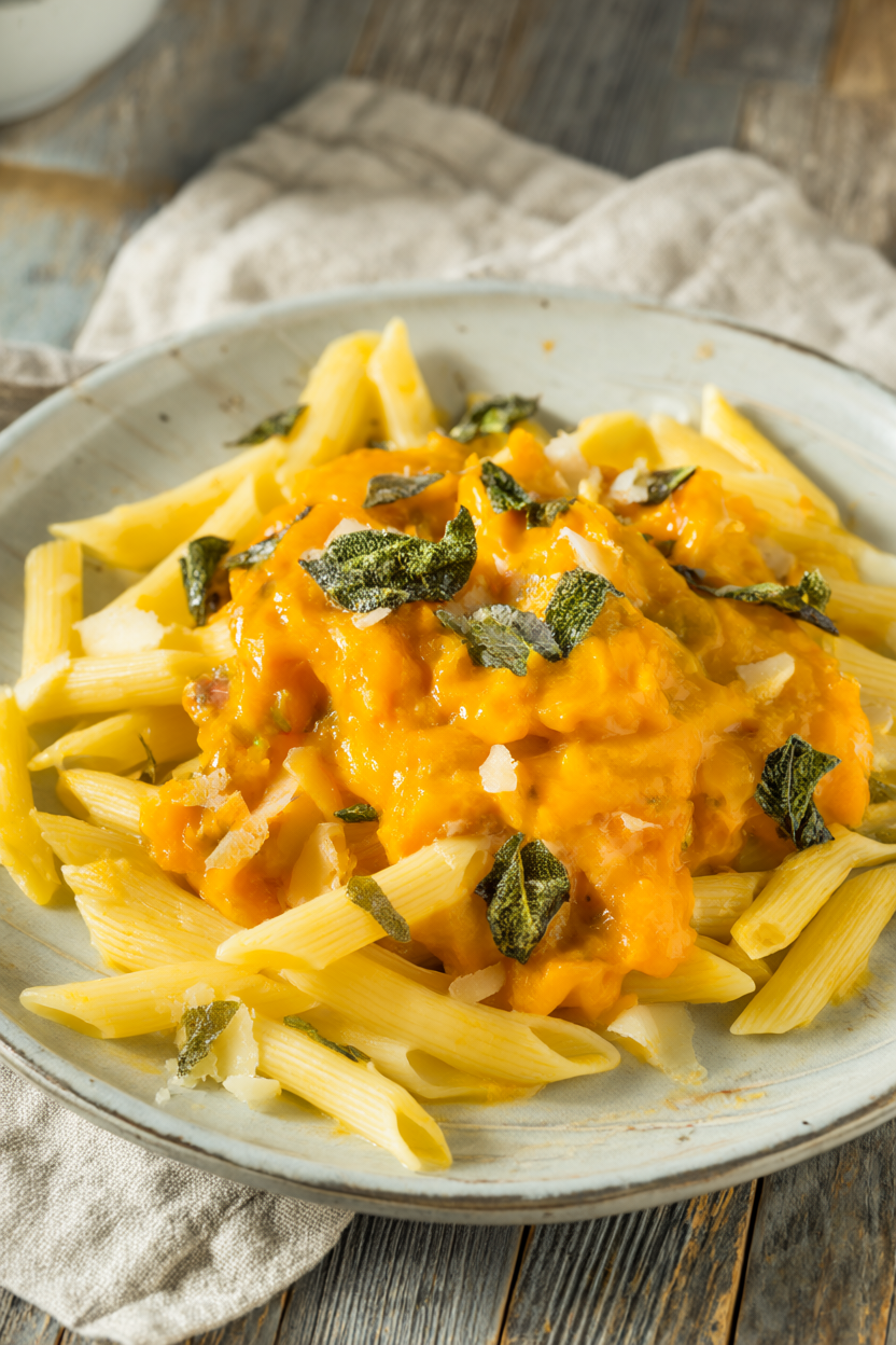 Penne pasta in creamy butternut squash sauce topped with crispy sage leaves and Parmesan