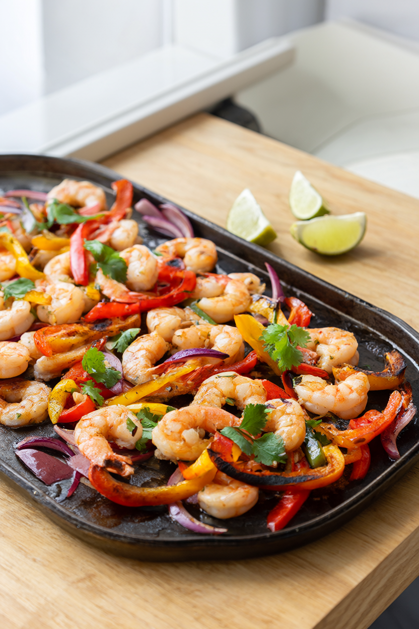 Sheet pan shrimp fajitas with charred bell peppers, red onion, cilantro and lime wedges on a dark rimmed baking sheet.