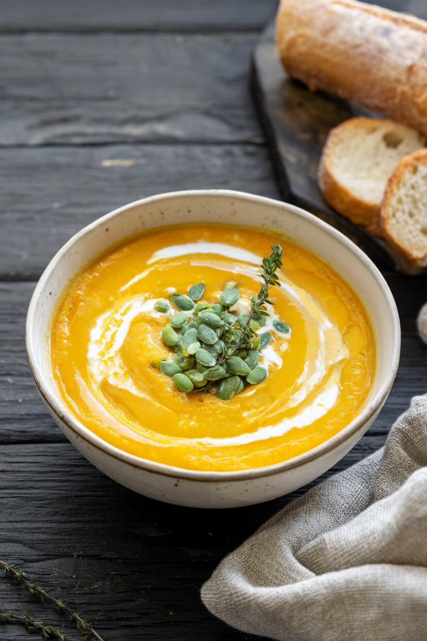 Rustic bowl of silky pumpkin soup with coconut milk, topped with toasted pepitas and a swirl of coconut cream on a dark wooden table.