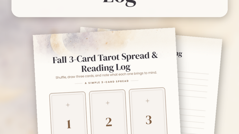 Printable fall 3-card tarot spread and reading log: three card spaces with note lines under soft watercolor celestial art with crescent moon, stars and autumn leaves.