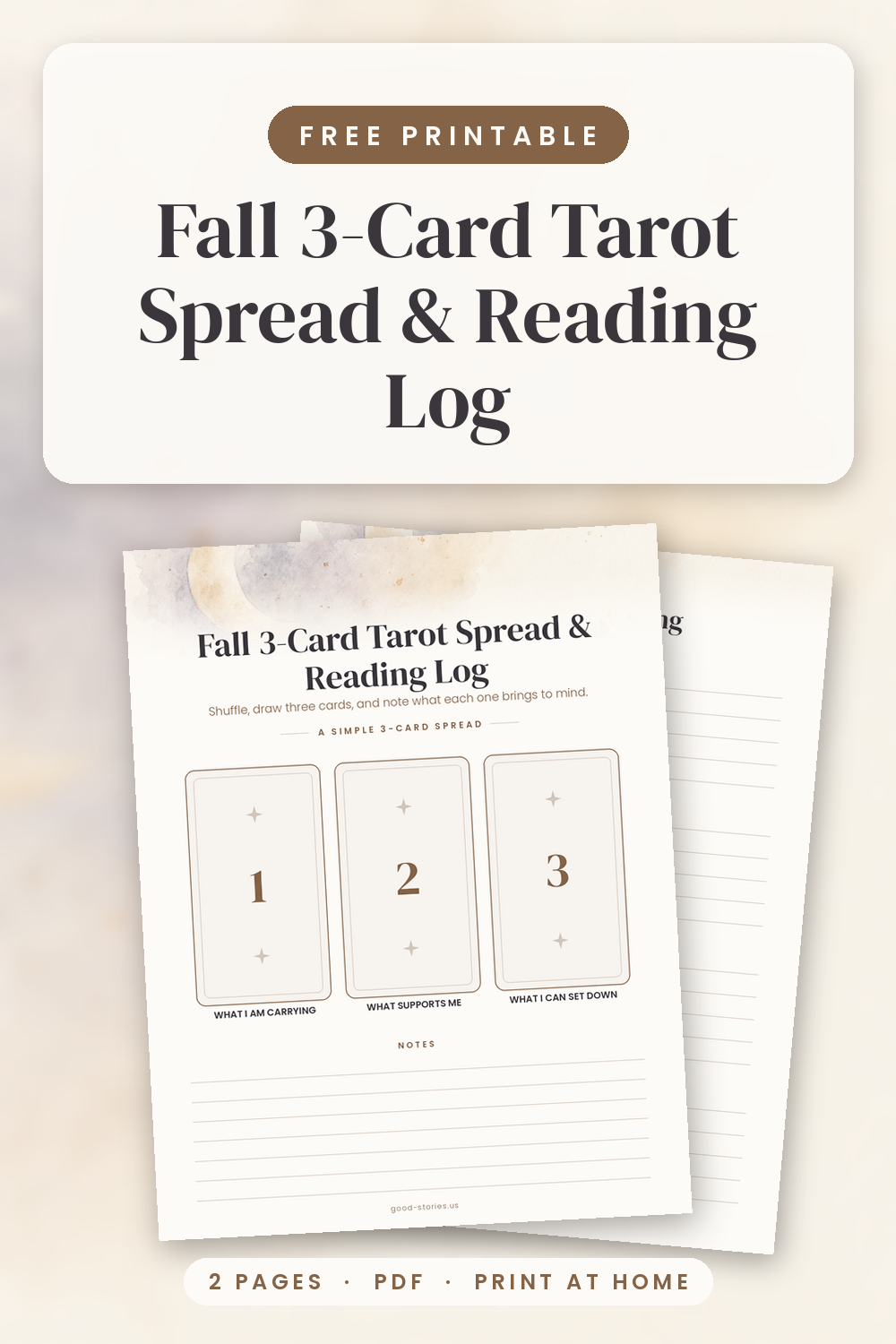 Printable fall 3-card tarot spread and reading log: three card spaces with note lines under soft watercolor celestial art with crescent moon, stars and autumn leaves.