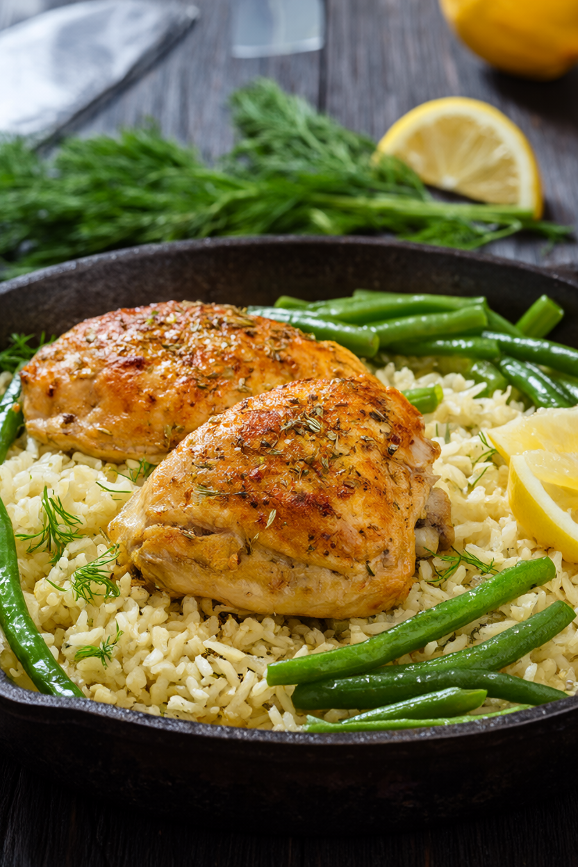 Golden seared Greek chicken thighs baked on lemon-garlic rice with green beans in a skillet