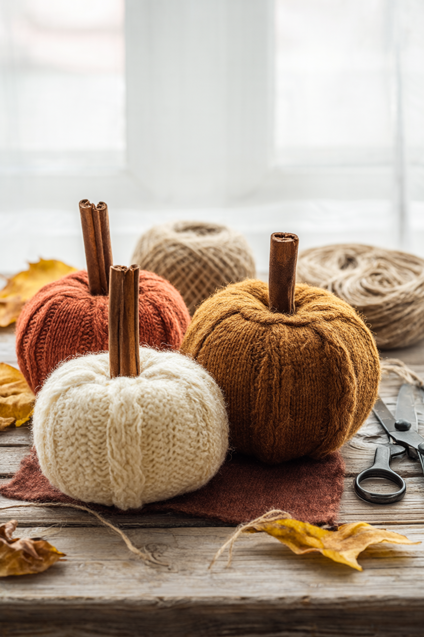 A cluster of three upcycled sweater pumpkins in cream, rust and mustard on a rustic wooden table with cinnamon-stick stems and scattered dried fall leaves