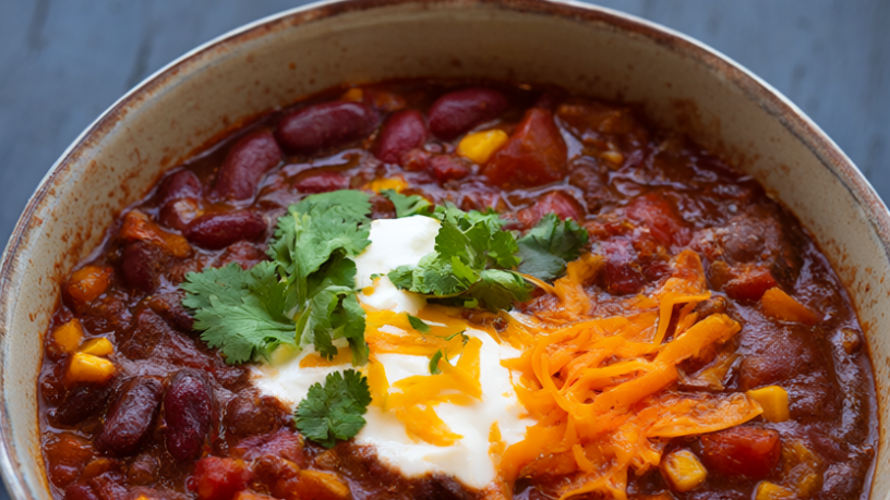 A steaming bowl of hearty beef and bean chili topped with sour cream, cheddar and cilantro.