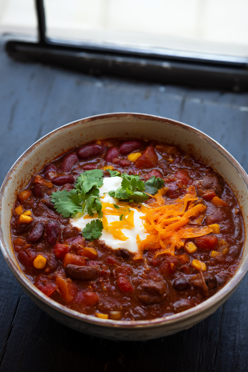 A steaming bowl of hearty beef and bean chili topped with sour cream, cheddar and cilantro.