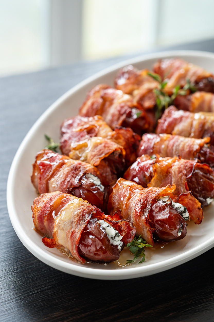 Bacon-wrapped dates stuffed with herbed goat cheese, drizzled with honey and garnished with fresh thyme