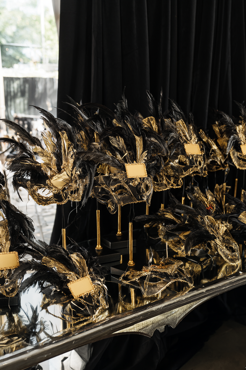 Mirrored console at the entrance with rows of black-and-gold feathered masks on stands before a black drape.