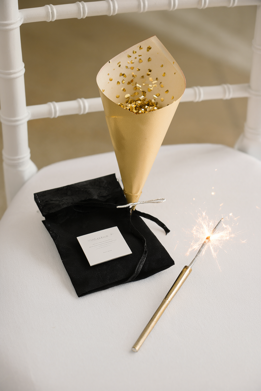 Black favor pouch on a white chair with a gold confetti cone, gold-sleeved sparkler and blank card.