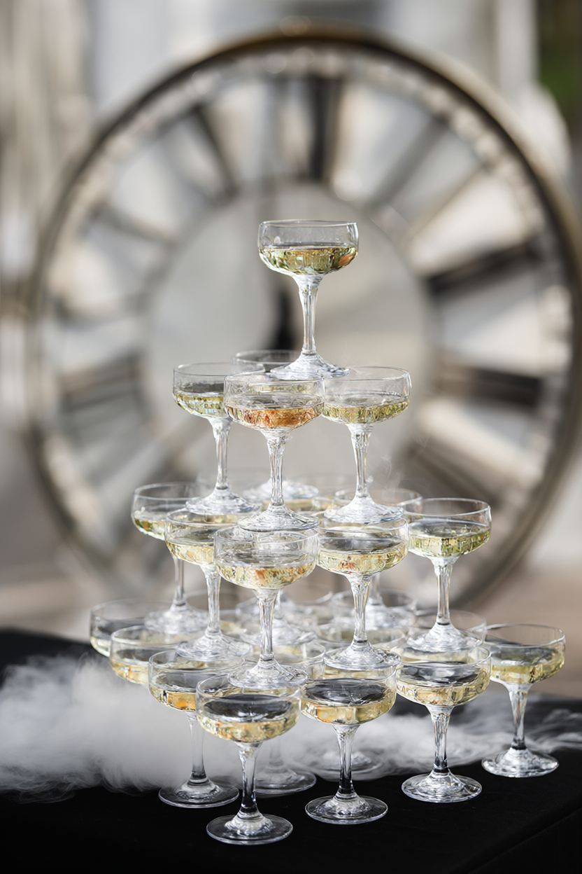 Pyramid of coupe glasses of sparkling wine on black linen with low mist and a blurred clock behind.