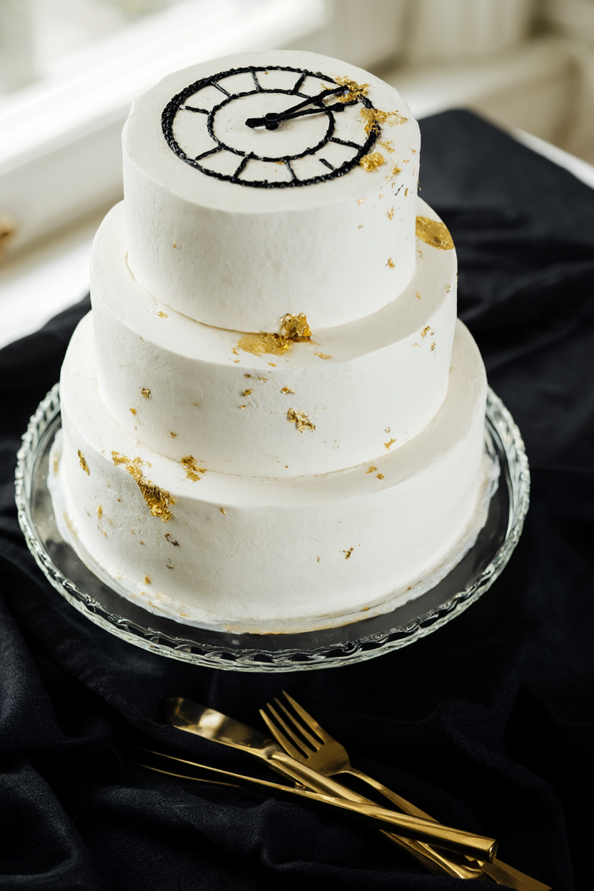 Three-tier white cake with a black clock-face pattern and gold-leaf flakes on a glass stand over black linen.