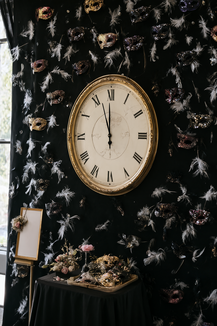 Black backdrop layered with feather and sequin masks, a gold-framed clock at midnight, prop-mask tray and blank sign.