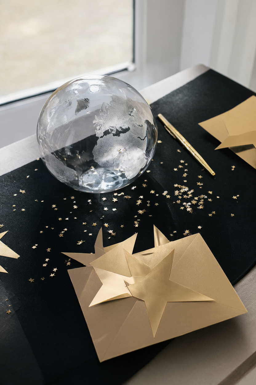 Clear glass globe on a black runner with blank gold star cards, a slim pen and scattered star confetti.