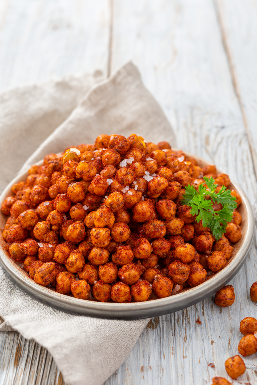 Crispy golden roasted chickpeas with smoked paprika and sea salt in a shallow ceramic bowl