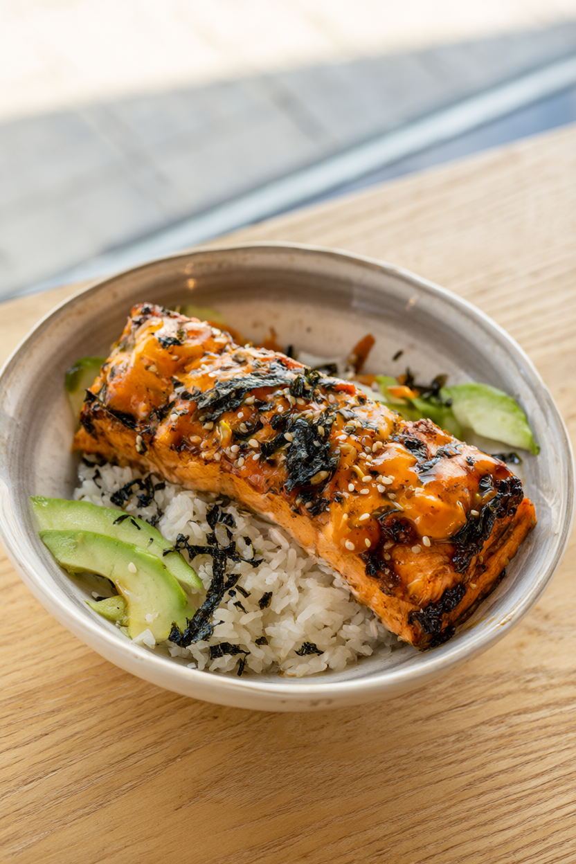 Spicy salmon rice bowl with flaky baked salmon, cucumber, avocado and sriracha mayo over jasmine rice