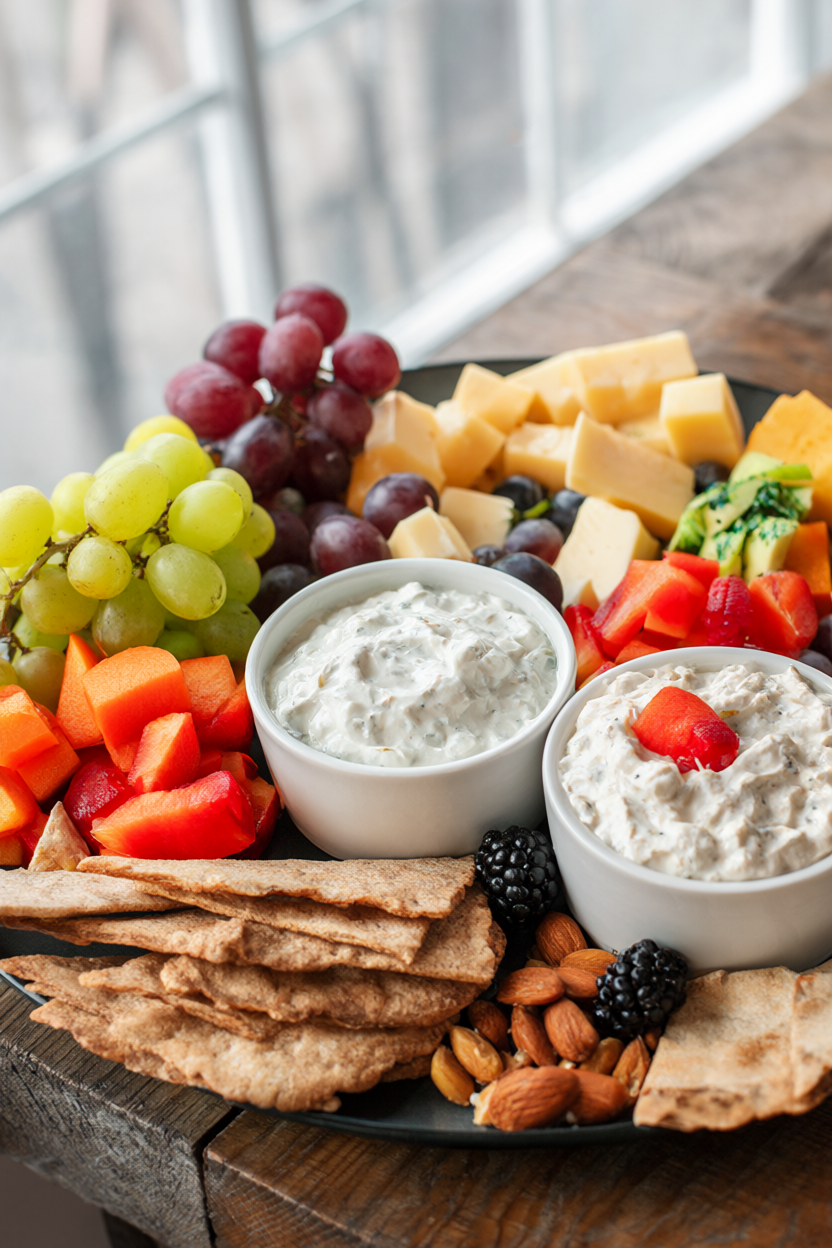 Healthy party snack board with raw vegetables, grapes, berries, cheese, almonds, whole-grain crackers and two bowls of dip.