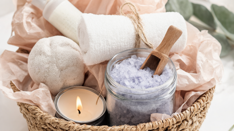 Finished DIY spa gift basket with a jar of homemade lavender bath salts, soy candle, rolled white towel and bath bomb on a bathroom counter