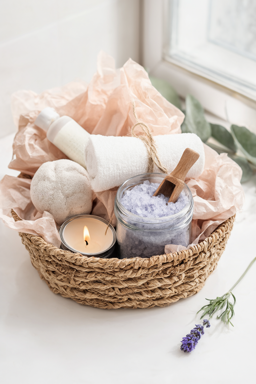 Finished DIY spa gift basket with a jar of homemade lavender bath salts, soy candle, rolled white towel and bath bomb on a bathroom counter