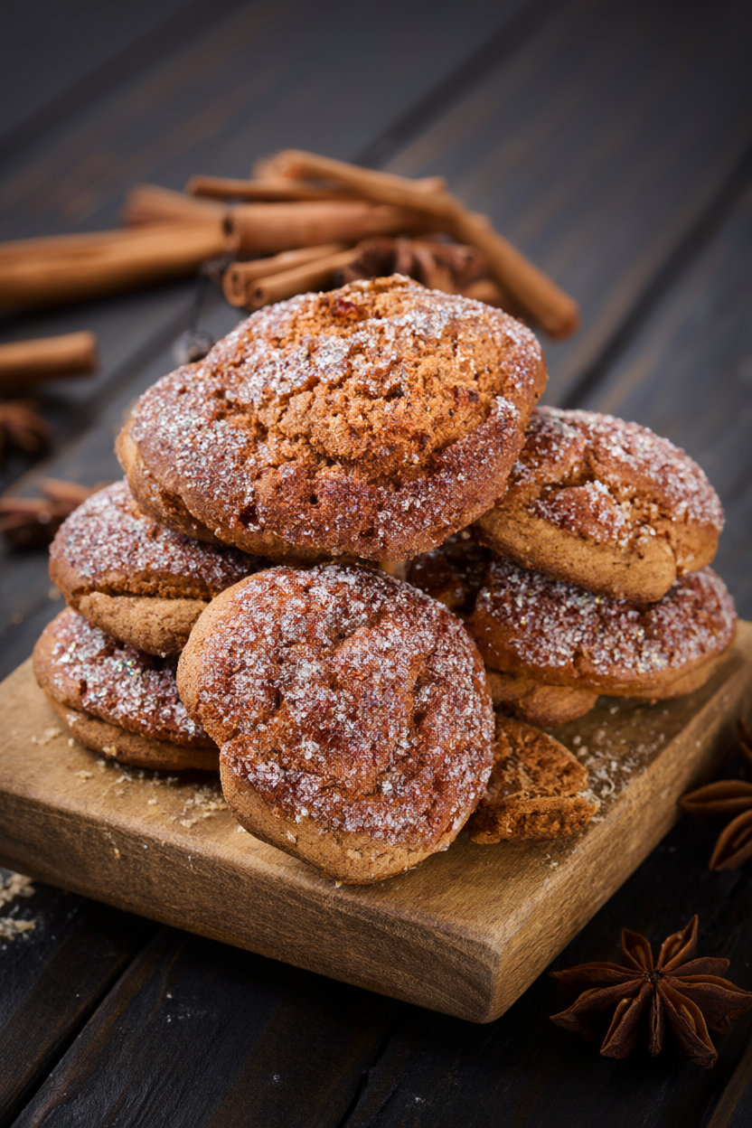 Chewy gingerbread cookies with crackled sugar tops stacked on a rustic wooden board with cinnamon sticks and star anise