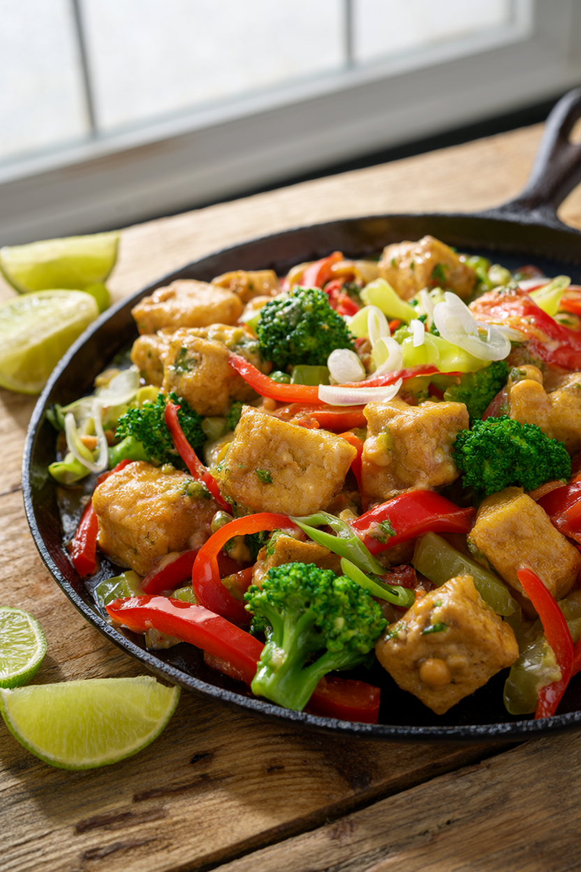 Crispy peanut tofu stir fry with broccoli and red bell pepper in a cast-iron skillet