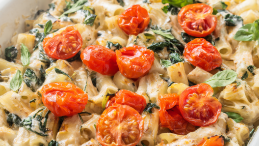 Baked feta pasta with spinach and burst cherry tomatoes in a white baking dish