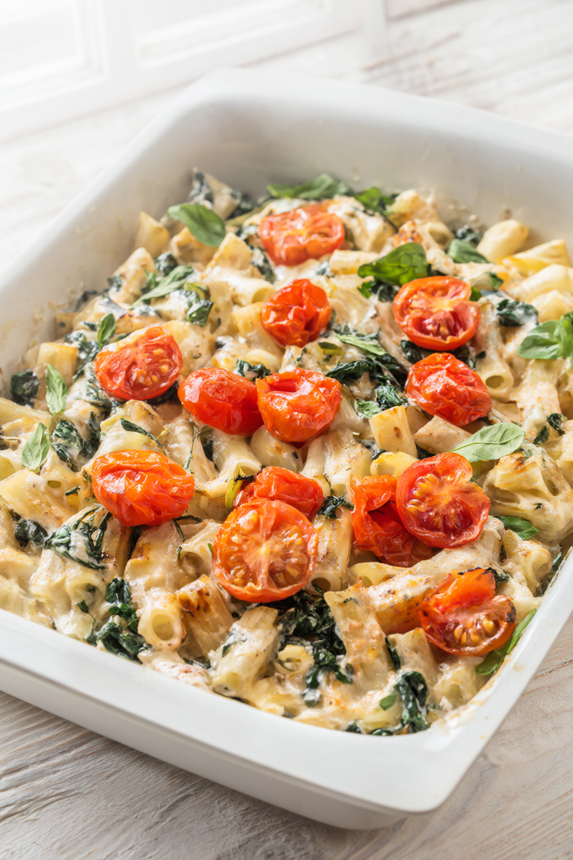 Baked feta pasta with spinach and burst cherry tomatoes in a white baking dish
