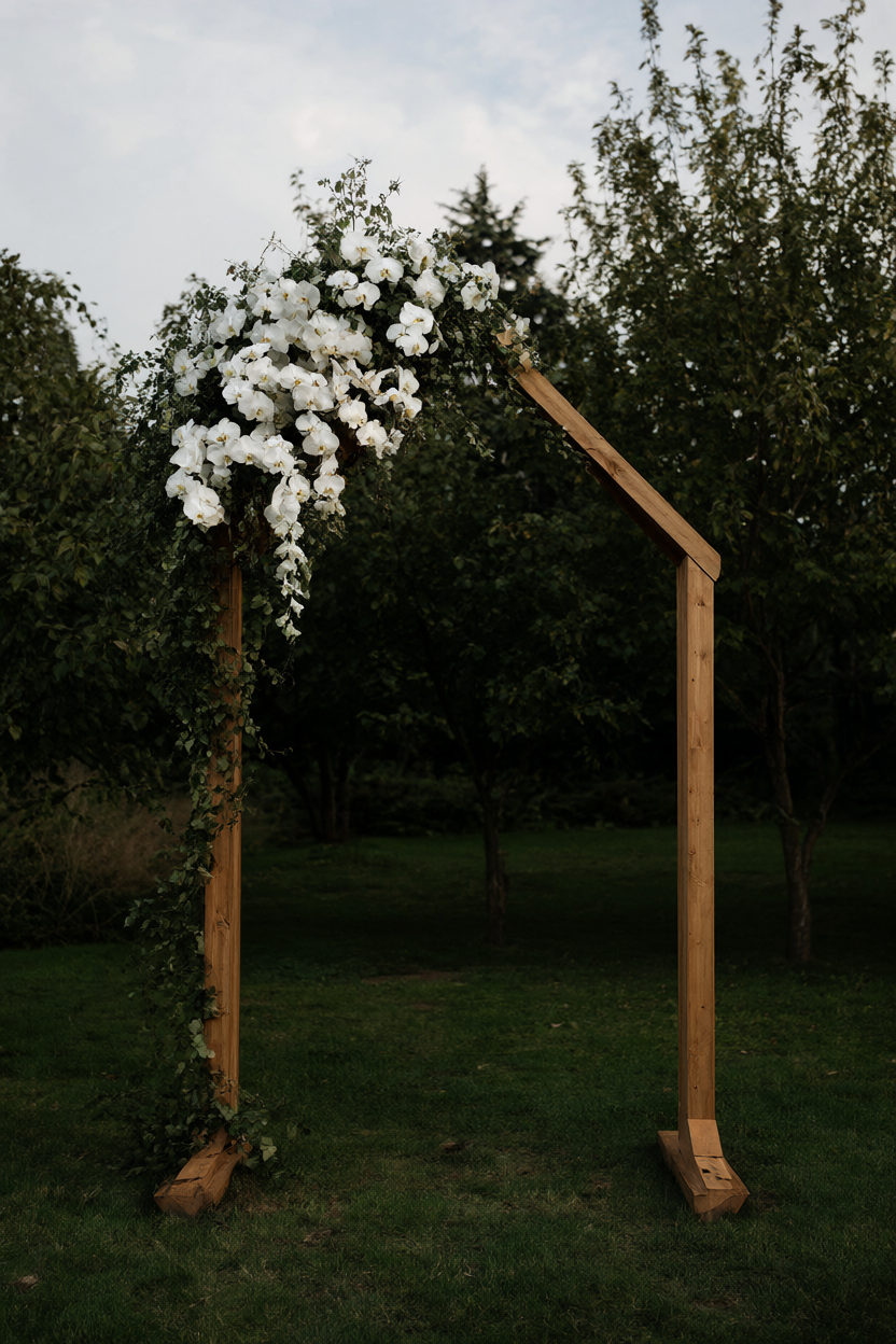 Raw wood ceremony arch with white orchids cascading down one side over dark greenery at dusk