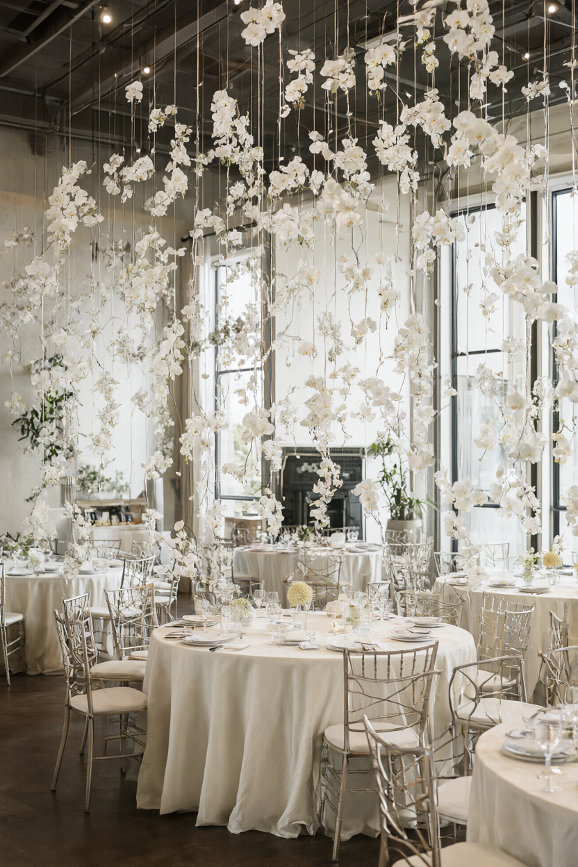 White orchid stems suspended at varying heights above round tables with ivory linens in a modern loft