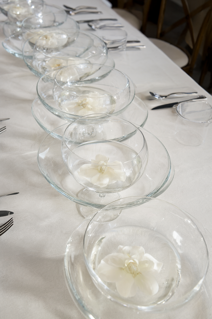 Long table with low glass bowls holding floating white orchid blooms on pale linen