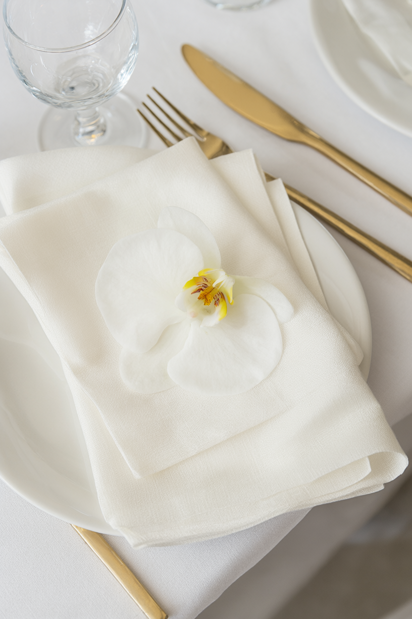 Overhead close-up of a folded ivory napkin with one white orchid bloom and simple place setting