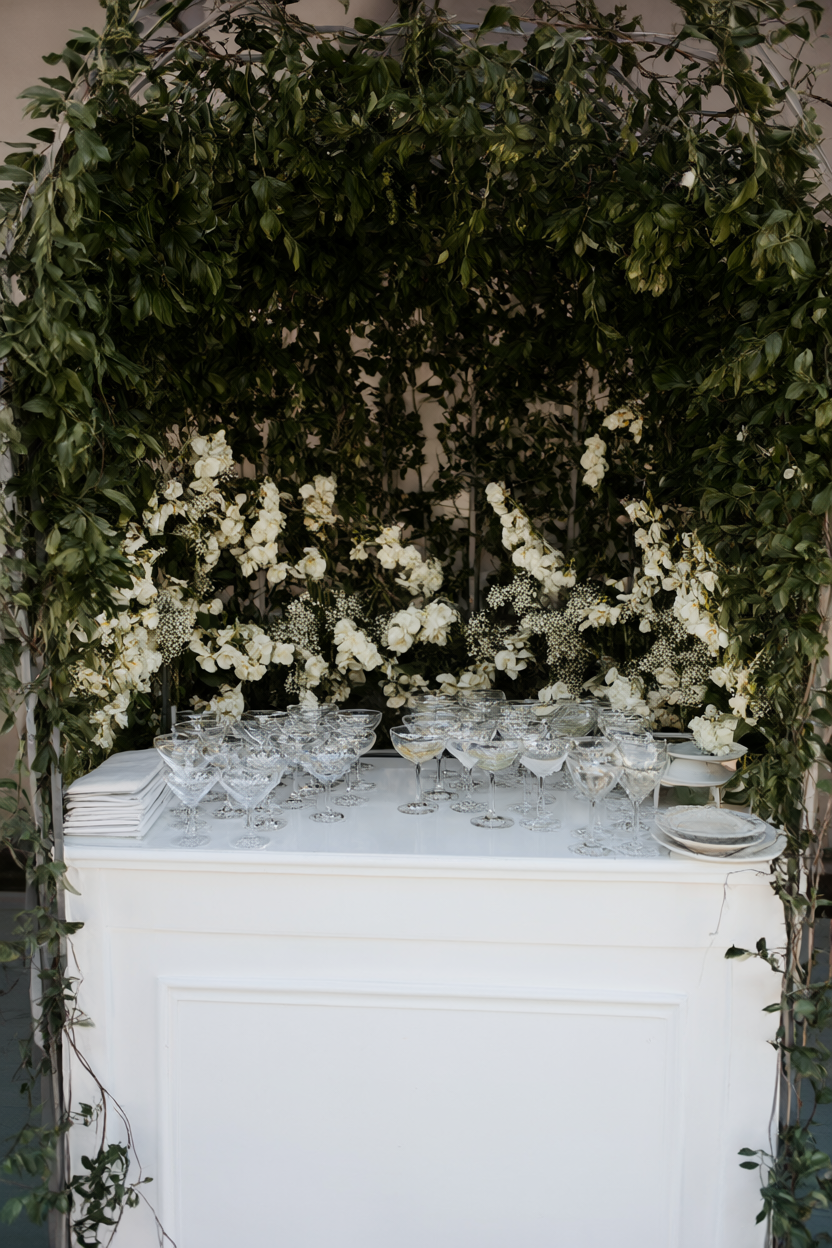 White cocktail bar framed by deep green foliage with climbing white orchids in soft evening light