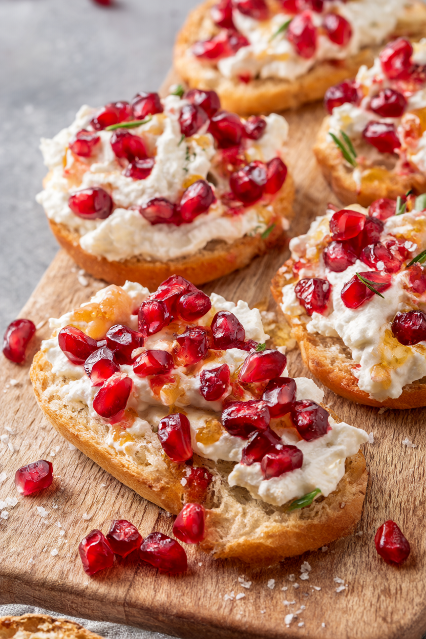 Pomegranate ricotta crostini topped with ruby-red pomegranate arils, honey drizzle and fresh rosemary